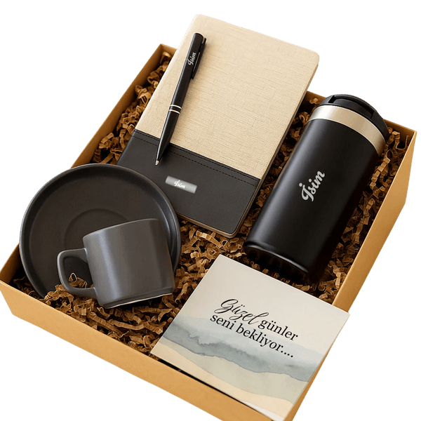 Dokulu Defter & Kalem & Fincan & Termos Hediye Seti